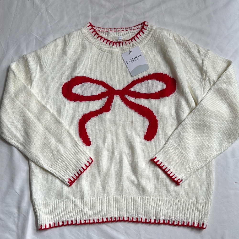 Women's White Sweater with Red Bow